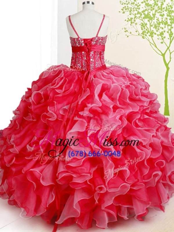 wholesale fabulous red organza lace up spaghetti straps sleeveless floor length vestidos de quinceanera beading and ruffles