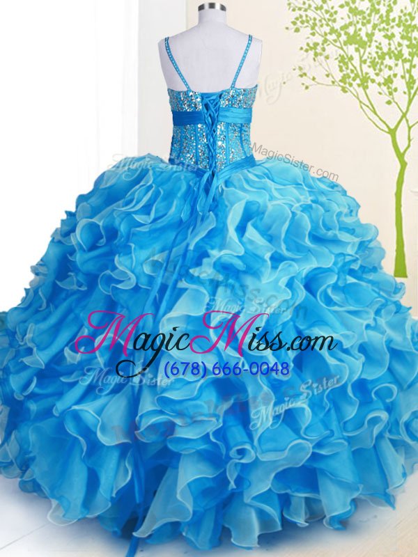 wholesale floor length baby blue quinceanera gown organza sleeveless beading and ruffles