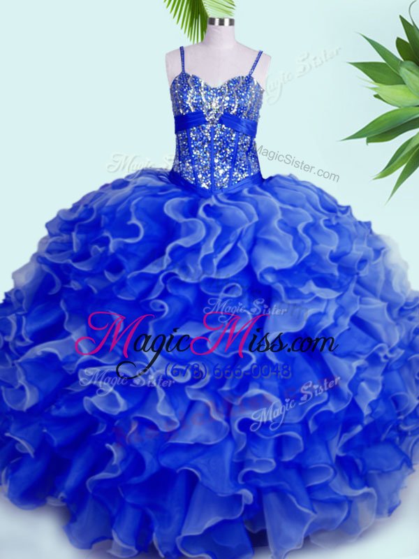 wholesale nice floor length lace up ball gown prom dress blue and in for military ball and sweet 16 and quinceanera with beading and ruffles