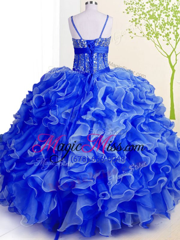 wholesale nice floor length lace up ball gown prom dress blue and in for military ball and sweet 16 and quinceanera with beading and ruffles