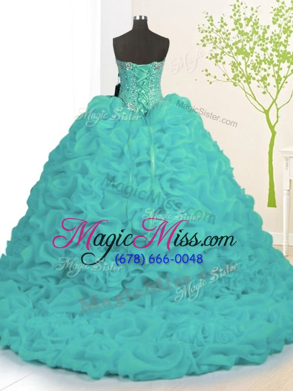 wholesale spectacular turquoise organza lace up sweetheart sleeveless with train sweet 16 dresses brush train beading and ruffles