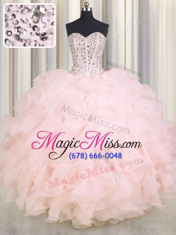 wholesale pretty baby pink ball gowns organza sweetheart sleeveless beading and ruffles floor length lace up quinceanera gowns
