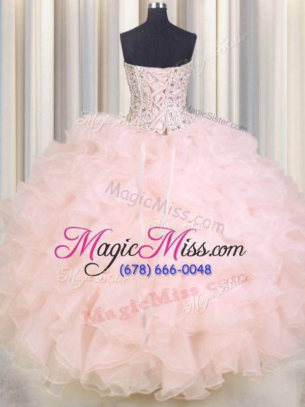 wholesale pretty baby pink ball gowns organza sweetheart sleeveless beading and ruffles floor length lace up quinceanera gowns