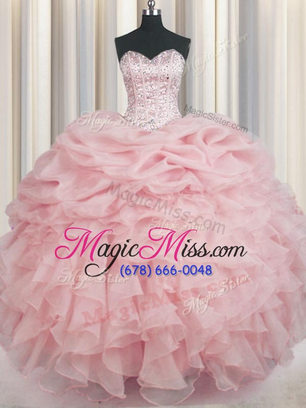 wholesale shining sleeveless floor length beading and ruffles lace up sweet 16 quinceanera dress with baby pink