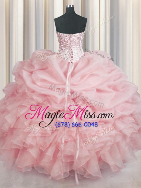 wholesale shining sleeveless floor length beading and ruffles lace up sweet 16 quinceanera dress with baby pink