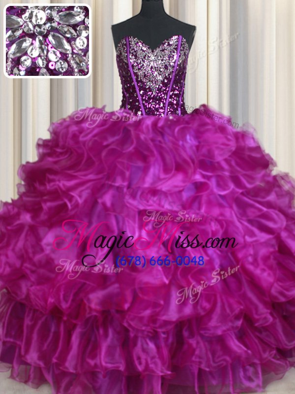 wholesale high quality fuchsia sleeveless floor length beading and ruffles lace up sweet 16 dresses