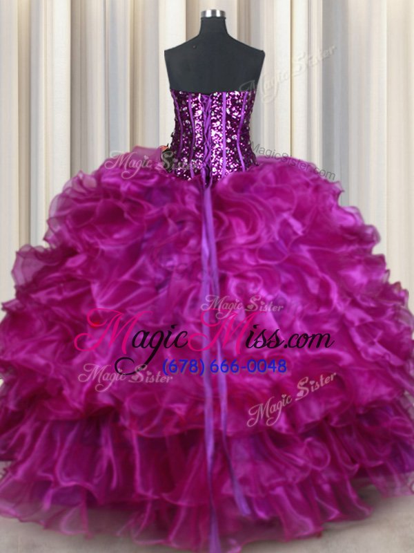 wholesale high quality fuchsia sleeveless floor length beading and ruffles lace up sweet 16 dresses