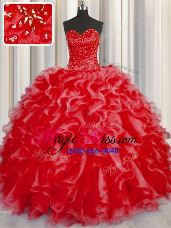 wholesale discount halter top coral red organza lace up quinceanera gown sleeveless floor length beading and ruffles