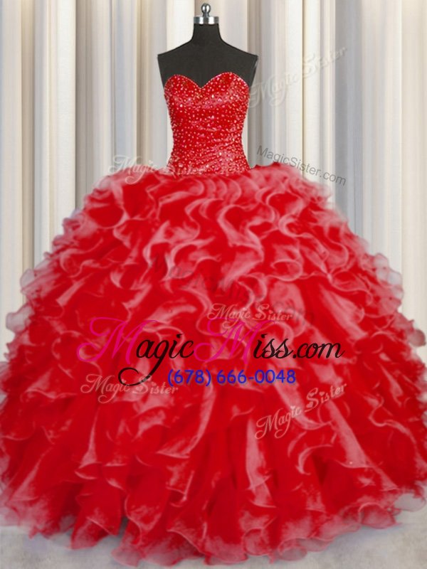 wholesale discount halter top coral red organza lace up quinceanera gown sleeveless floor length beading and ruffles