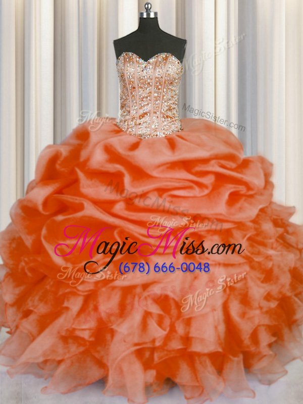 wholesale elegant orange lace up sweetheart beading and ruffles and pick ups sweet 16 quinceanera dress organza sleeveless