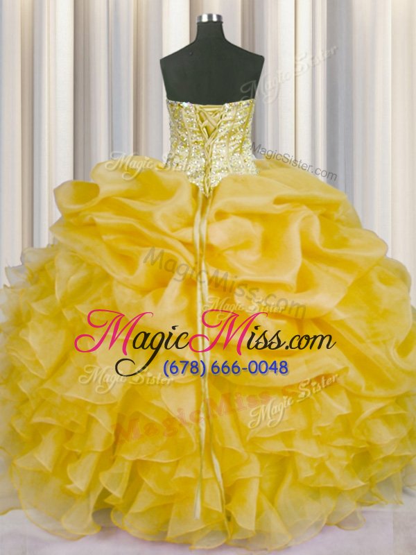 wholesale pretty gold ball gowns organza sweetheart sleeveless beading and ruffles and pick ups floor length lace up quinceanera dresses
