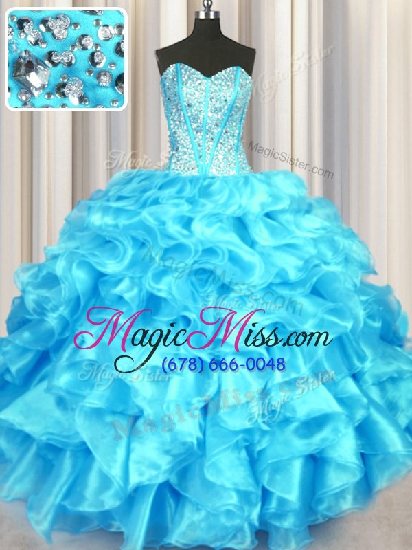wholesale vintage sleeveless floor length beading and ruffles lace up ball gown prom dress with aqua blue