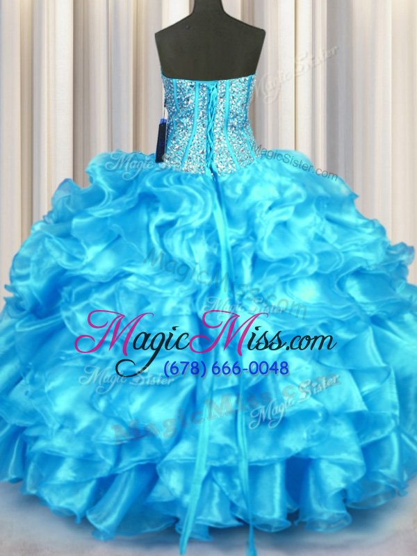 wholesale vintage sleeveless floor length beading and ruffles lace up ball gown prom dress with aqua blue