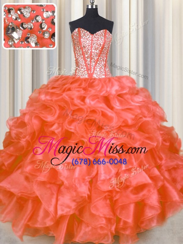 wholesale comfortable floor length orange red quince ball gowns organza sleeveless beading and ruffles