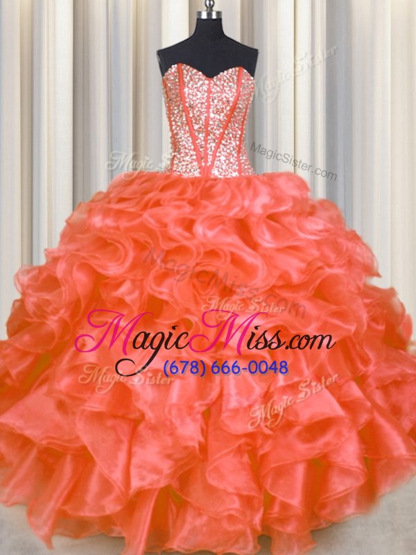 wholesale comfortable floor length orange red quince ball gowns organza sleeveless beading and ruffles