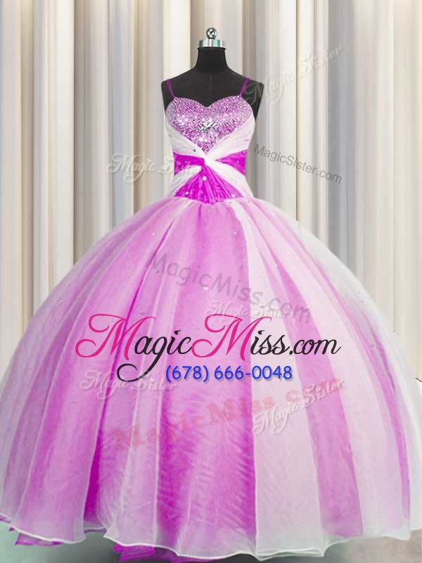 wholesale wonderful spaghetti straps fuchsia organza lace up quinceanera dress sleeveless floor length beading and sequins and ruching