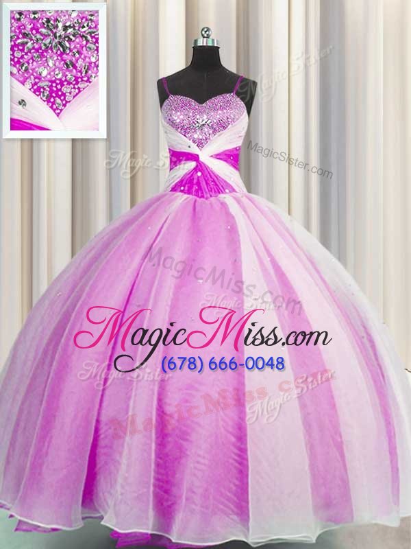 wholesale wonderful spaghetti straps fuchsia organza lace up quinceanera dress sleeveless floor length beading and sequins and ruching