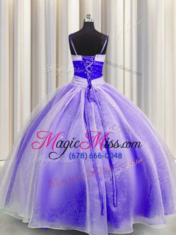 wholesale sophisticated lavender ball gowns spaghetti straps sleeveless organza floor length lace up beading and sequins and ruching ball gown prom dress