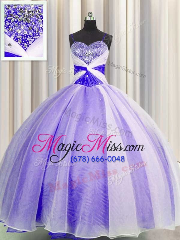 wholesale sophisticated lavender ball gowns spaghetti straps sleeveless organza floor length lace up beading and sequins and ruching ball gown prom dress