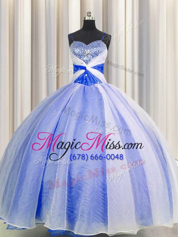 wholesale colorful blue and white organza lace up spaghetti straps sleeveless floor length sweet 16 dress beading and sequins and ruching