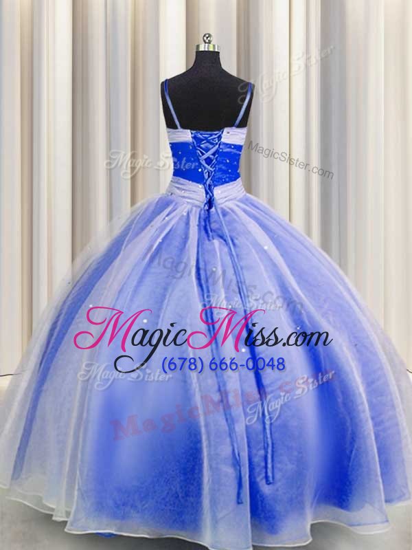 wholesale colorful blue and white organza lace up spaghetti straps sleeveless floor length sweet 16 dress beading and sequins and ruching
