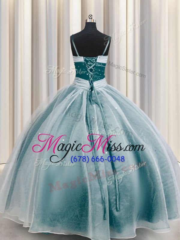 wholesale inexpensive spaghetti straps teal half sleeves organza lace up ball gown prom dress for military ball and sweet 16 and quinceanera