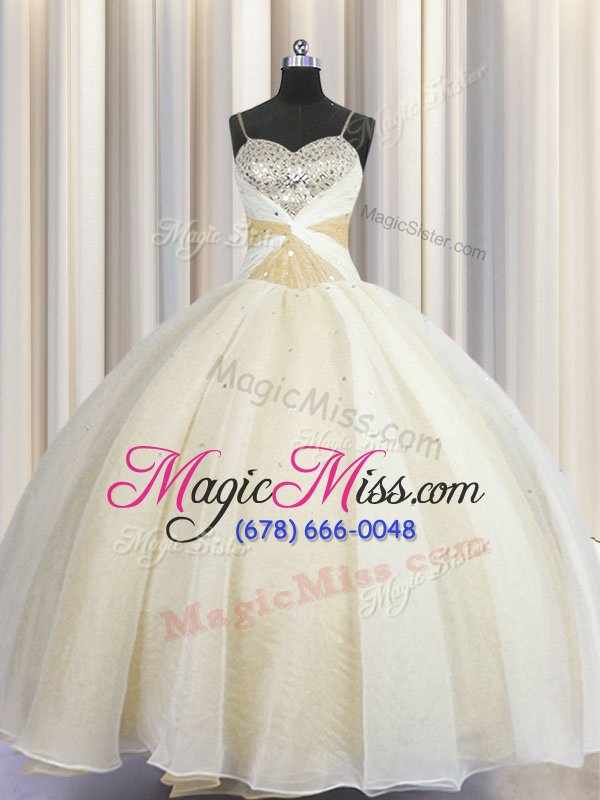 wholesale exquisite spaghetti straps floor length champagne sweet 16 dresses organza sleeveless beading and ruching