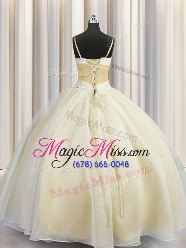 wholesale exquisite spaghetti straps floor length champagne sweet 16 dresses organza sleeveless beading and ruching