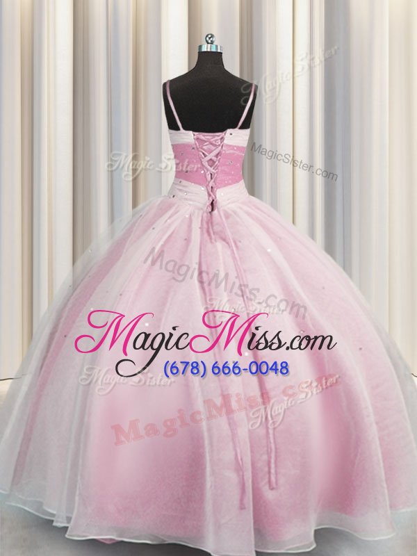 wholesale customized spaghetti straps floor length rose pink 15th birthday dress organza sleeveless beading and ruching