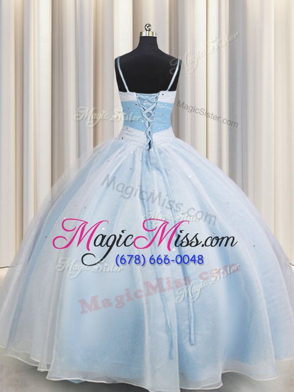 wholesale unique spaghetti straps light blue ball gowns beading and ruching 15 quinceanera dress lace up organza sleeveless floor length