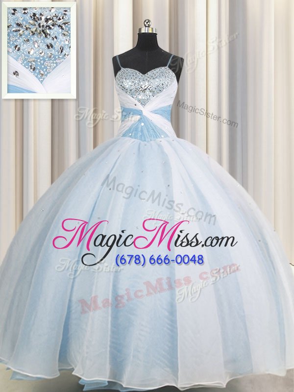 wholesale unique spaghetti straps light blue ball gowns beading and ruching 15 quinceanera dress lace up organza sleeveless floor length