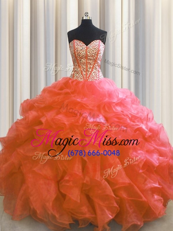 wholesale designer visible boning sweetheart sleeveless sweet 16 quinceanera dress floor length beading and ruffles red organza