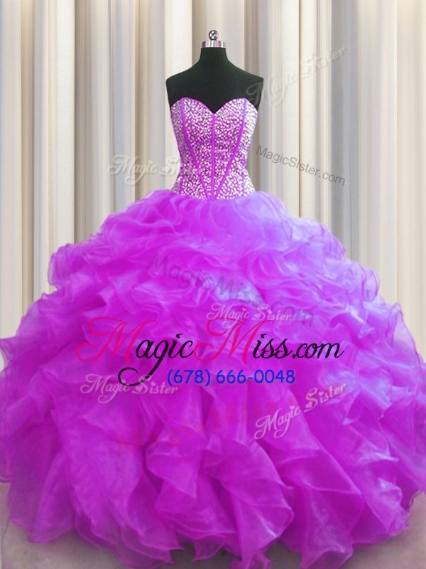 wholesale sophisticated visible boning fuchsia lace up sweetheart beading and ruffles quinceanera gown organza sleeveless