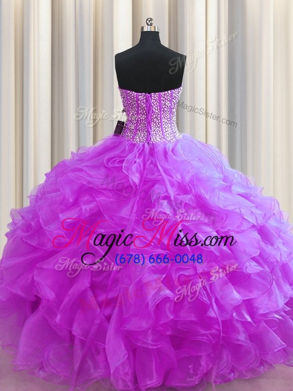 wholesale sophisticated visible boning fuchsia lace up sweetheart beading and ruffles quinceanera gown organza sleeveless