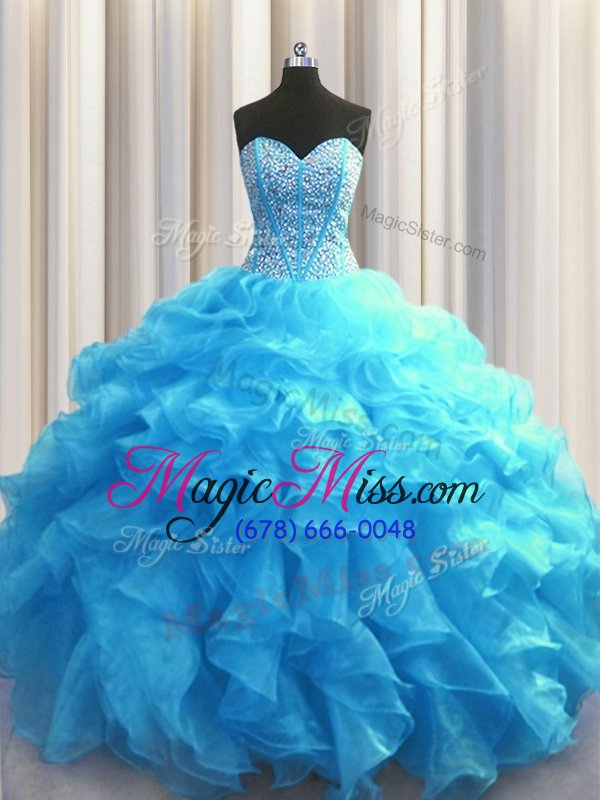 wholesale dazzling visible boning baby blue ball gowns beading and ruffles quinceanera gown lace up organza sleeveless floor length
