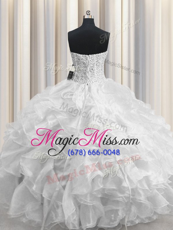 wholesale fantastic visible boning floor length lace up ball gown prom dress white and in for military ball and sweet 16 and quinceanera with beading and ruffles