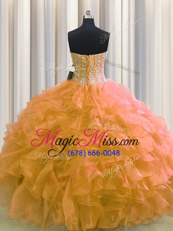wholesale designer visible boning orange organza lace up sweetheart sleeveless floor length ball gown prom dress beading and ruffles