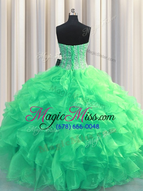 wholesale best selling visible boning turquoise organza lace up sweetheart sleeveless floor length ball gown prom dress beading and ruffles