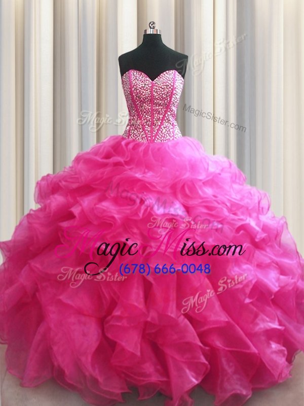 wholesale charming visible boning ball gowns sweet 16 dresses hot pink sweetheart organza sleeveless floor length lace up