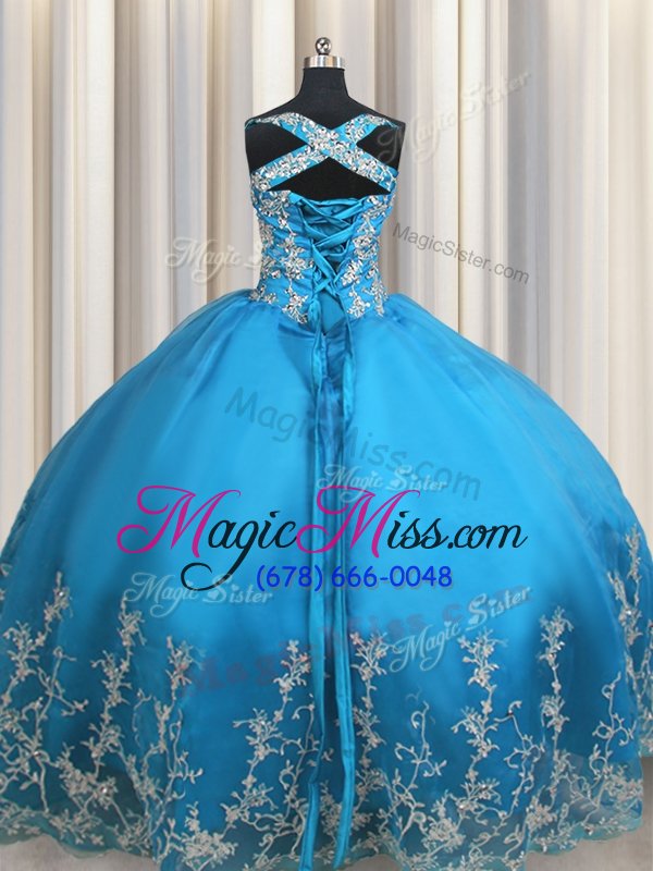 wholesale flare sweetheart sleeveless ball gown prom dress floor length beading and appliques baby blue organza