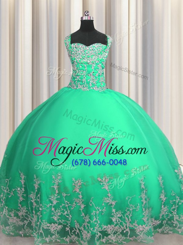wholesale exquisite sweetheart sleeveless ball gown prom dress floor length beading and appliques turquoise organza