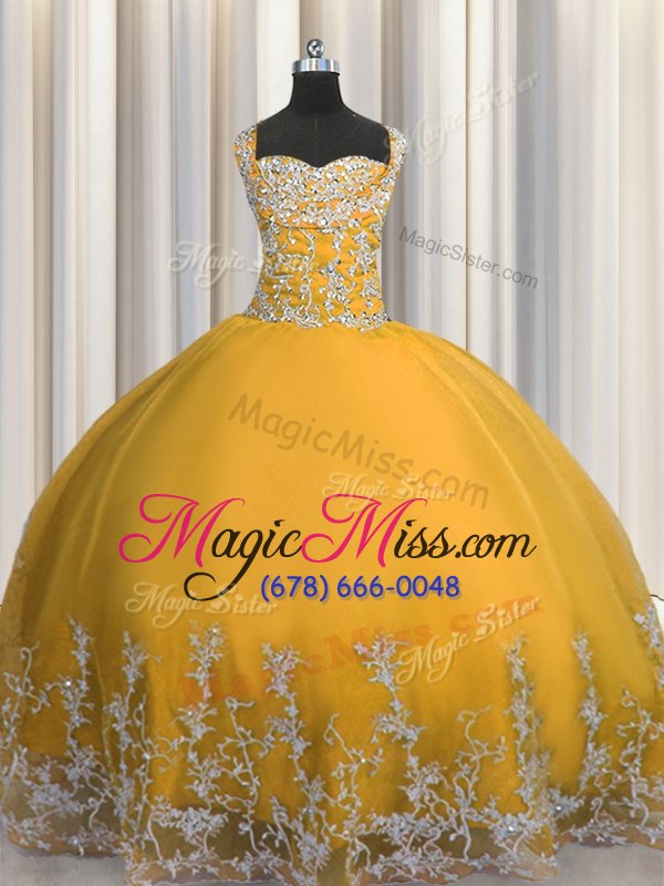 wholesale glorious ball gowns sweet 16 dresses gold straps tulle sleeveless floor length lace up