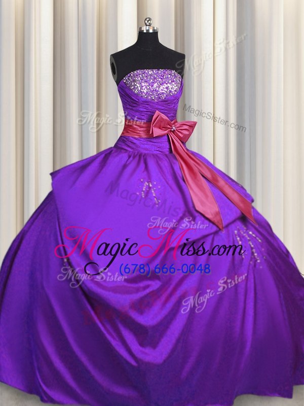 wholesale designer purple taffeta lace up sweet 16 quinceanera dress sleeveless floor length beading and bowknot
