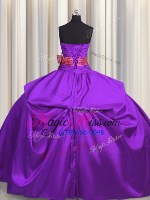wholesale designer purple taffeta lace up sweet 16 quinceanera dress sleeveless floor length beading and bowknot