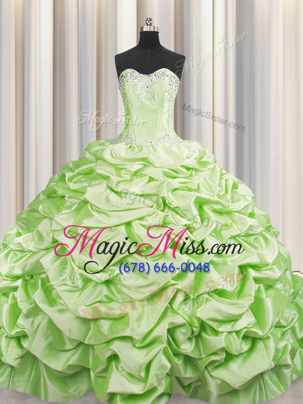 wholesale elegant brush train lace up sweet 16 dress yellow green and in for military ball and sweet 16 and quinceanera with beading and pick ups sweep train