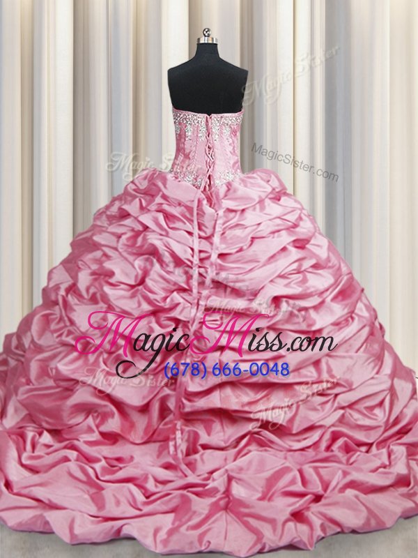 wholesale spectacular sleeveless beading and pick ups lace up sweet 16 dress with rose pink brush train