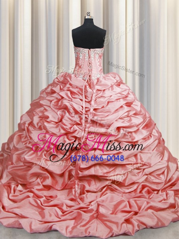 wholesale baby pink ball gowns sweetheart sleeveless taffeta brush train lace up beading and pick ups quince ball gowns