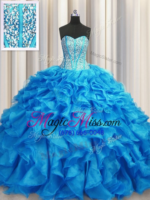 wholesale high class visible boning baby blue lace up vestidos de quinceanera beading and ruffles sleeveless brush train