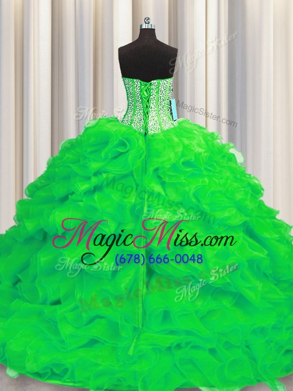 wholesale high end visible boning green 15 quinceanera dress military ball and sweet 16 and quinceanera and for with beading and ruffles sweetheart sleeveless brush train lace up