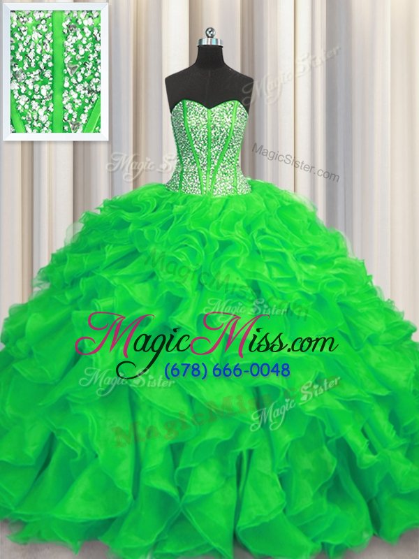 wholesale high end visible boning green 15 quinceanera dress military ball and sweet 16 and quinceanera and for with beading and ruffles sweetheart sleeveless brush train lace up